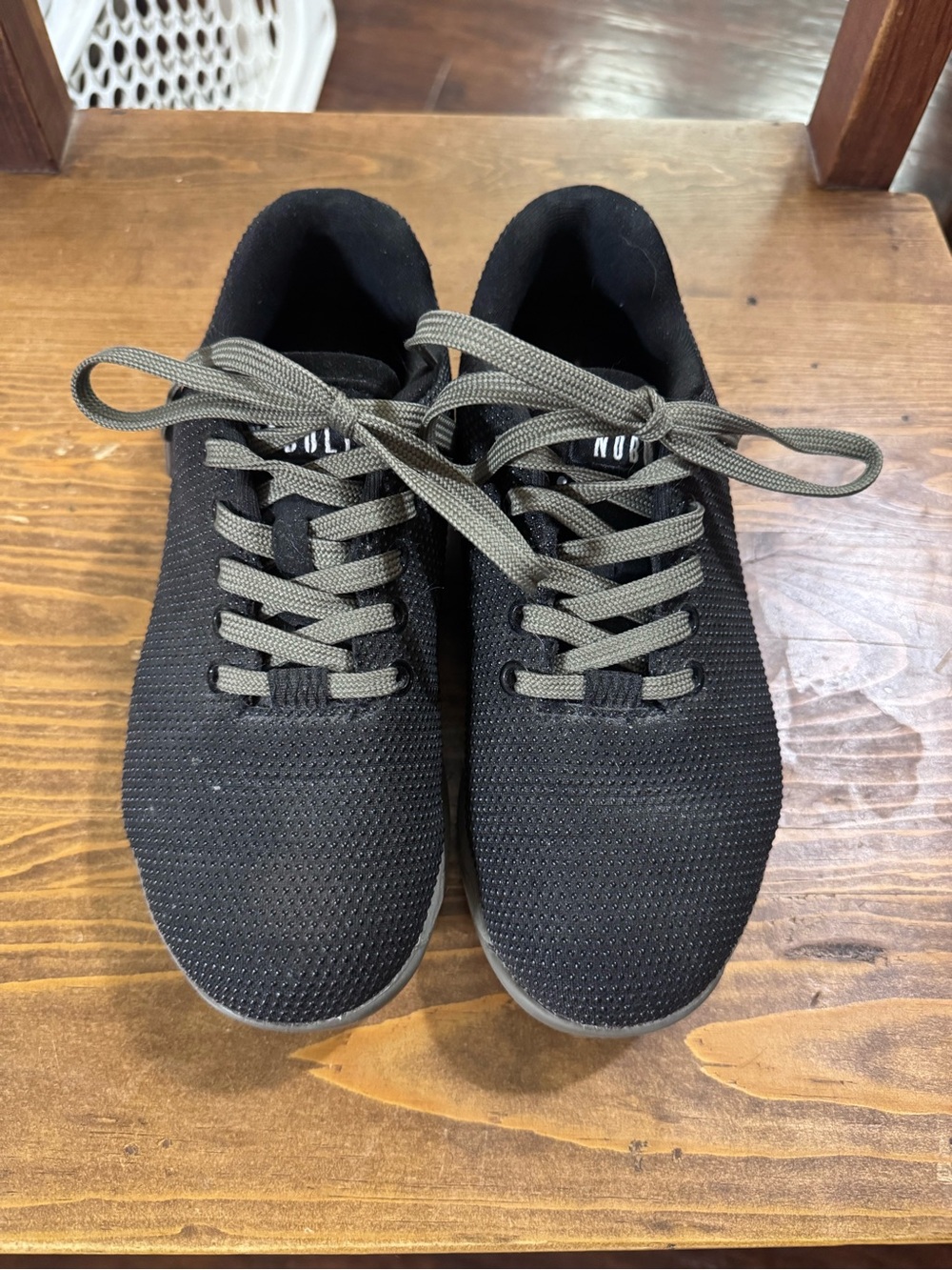 NoBull black shoes with army green laces.